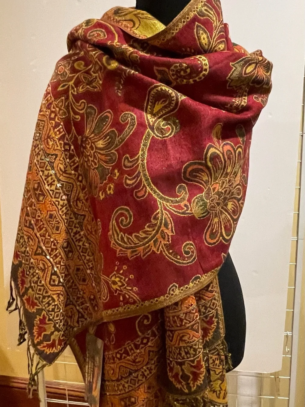 Pashmina, Burgundy, Brown & Gold, Lightweight Warmth, 26